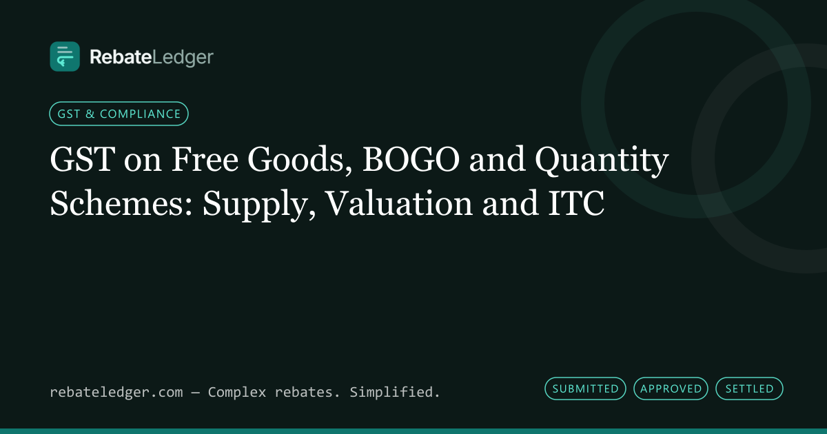 RebateLedger article banner: GST on Free Goods, BOGO and Quantity Schemes: Supply, Valuation and ITC