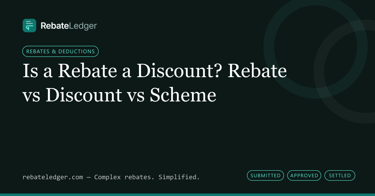 RebateLedger article banner: Is a Rebate a Discount? Rebate vs Discount vs Scheme