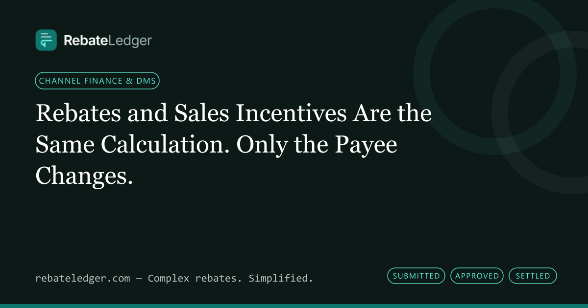 RebateLedger article banner: Rebates and Sales Incentives Are the Same Calculation. Only the Payee Changes.