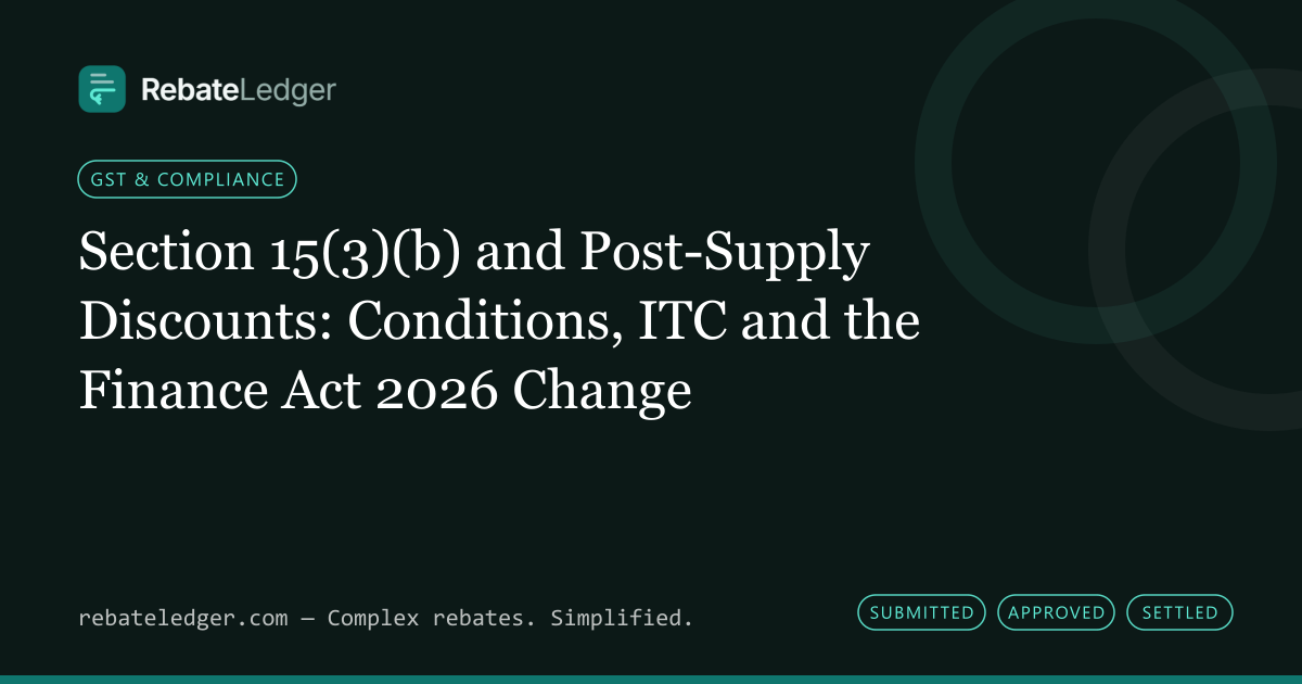RebateLedger article banner: Section 15(3)(b) and Post-Supply Discounts: Conditions, ITC and the Finance Act 2026 Change