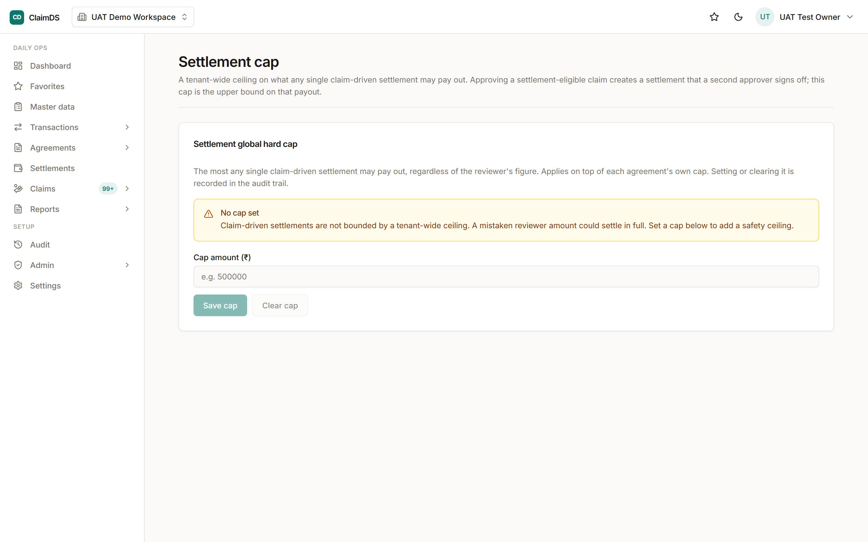 The settlement cap admin screen in RebateLedger.
