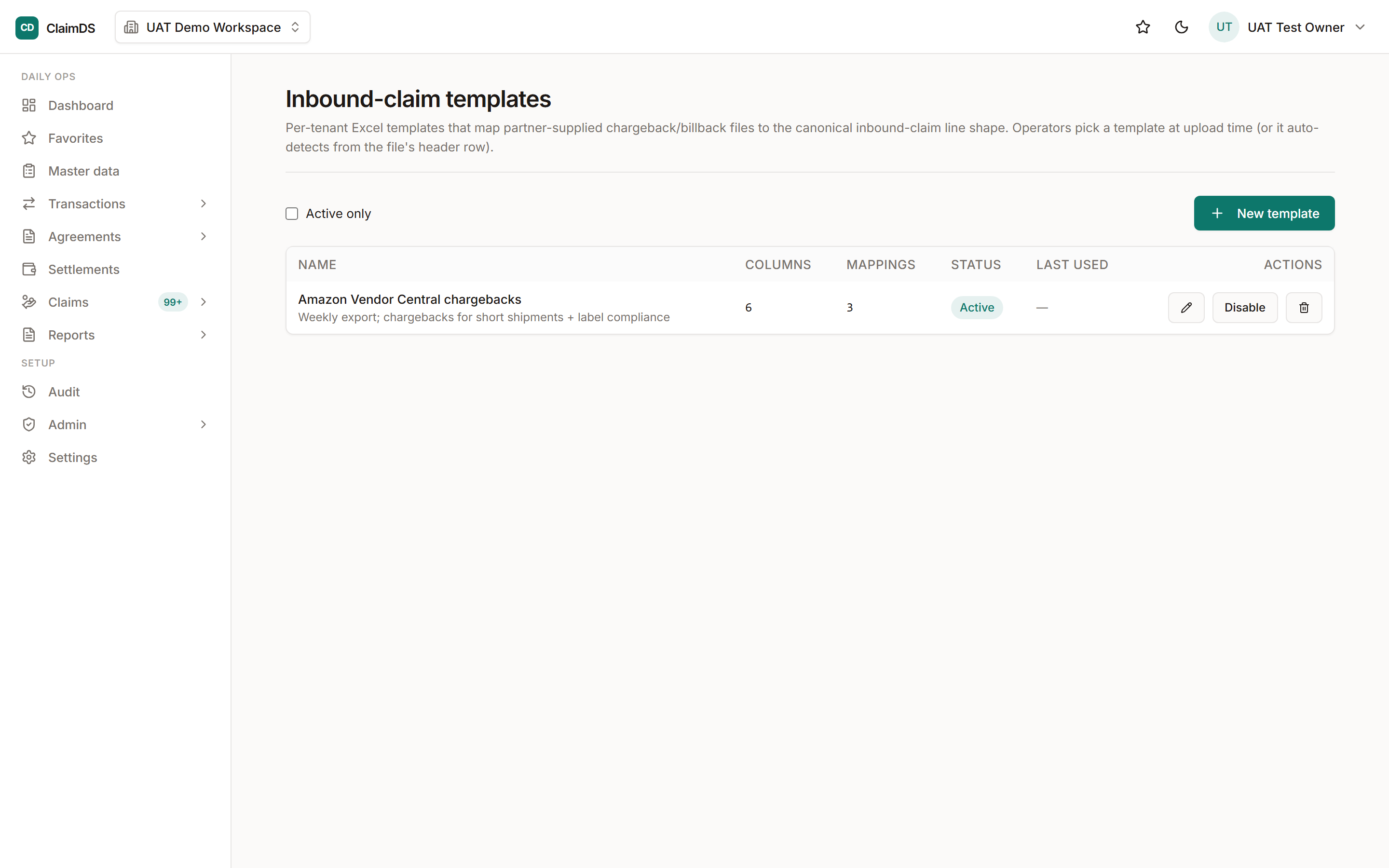 The template manager in RebateLedger.