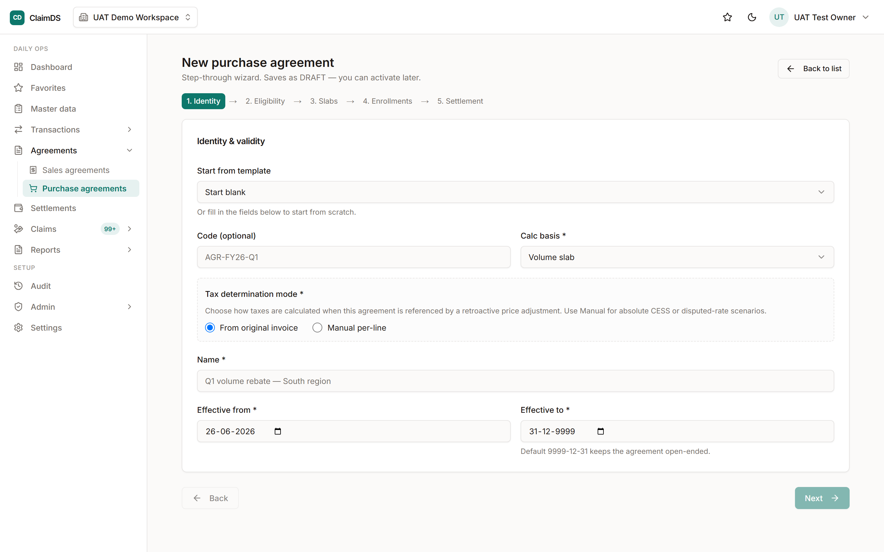 A purchase-side agreement in RebateLedger.