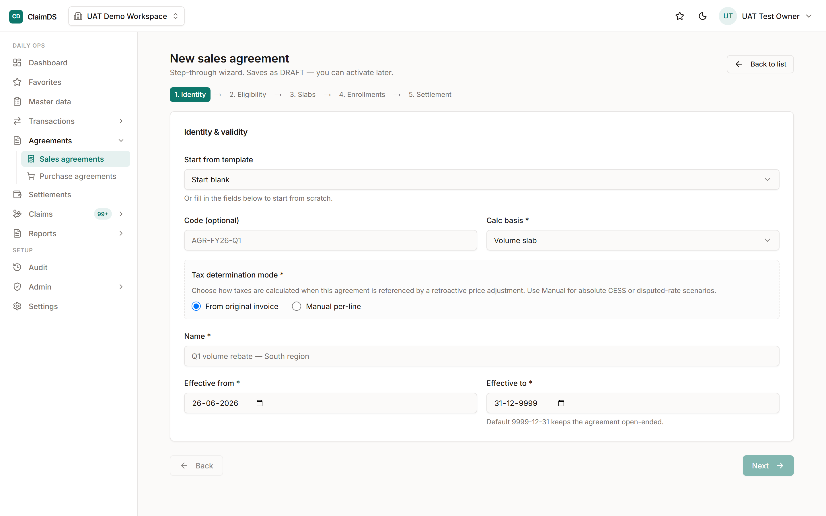Setting up a sales-side customer agreement in RebateLedger.