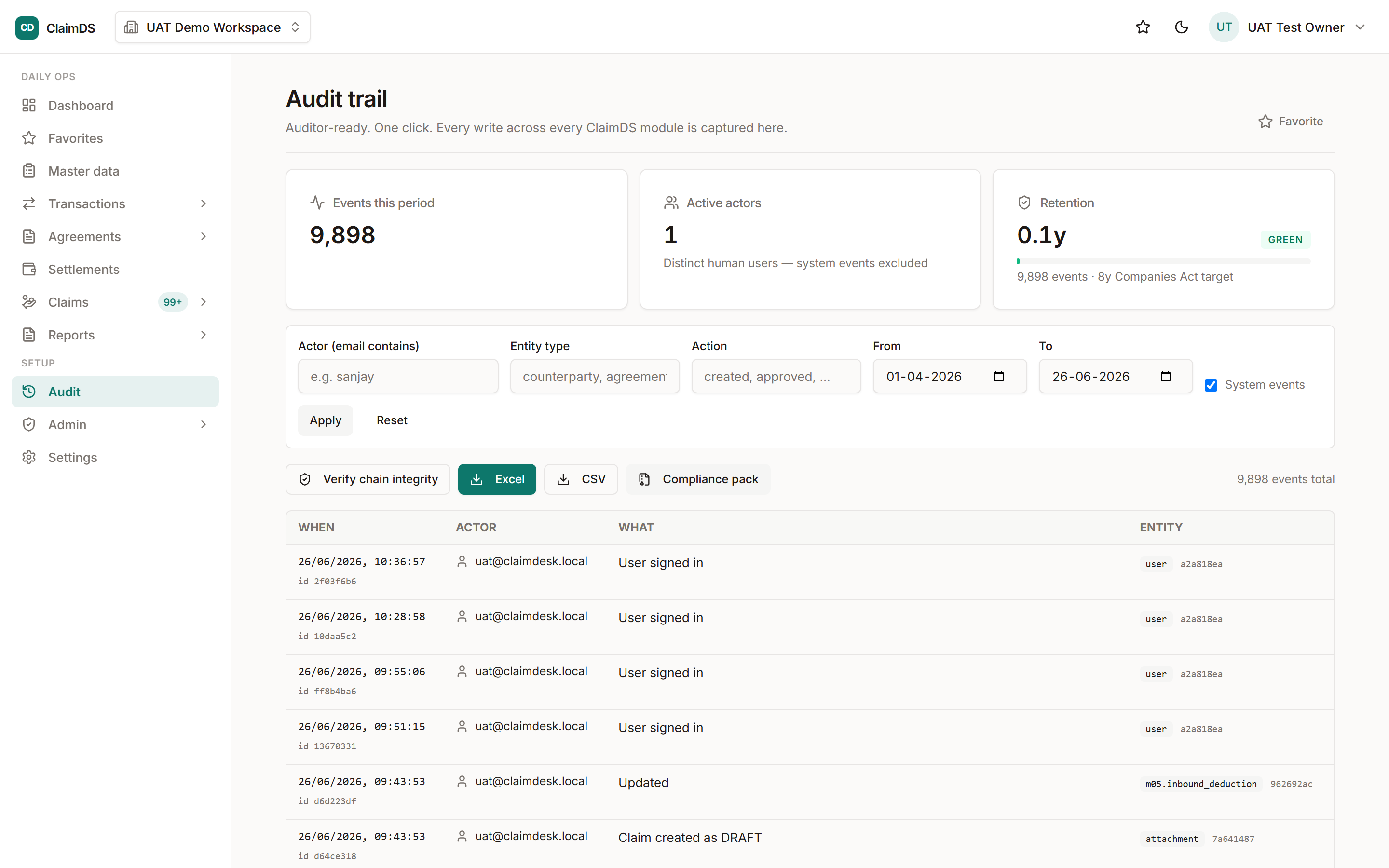 RebateLedger audit log view showing recorded events with actors and timestamps.
