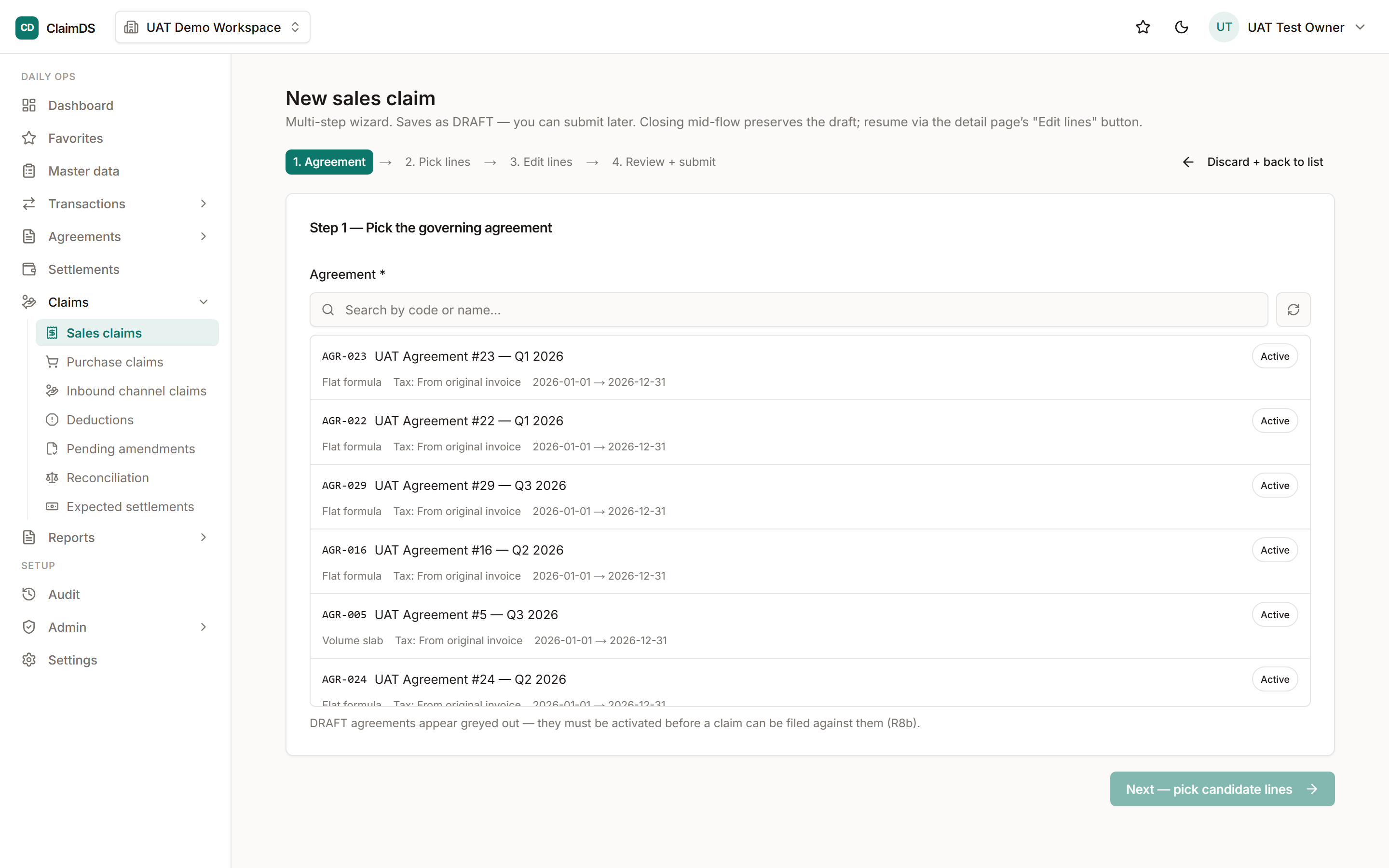 RebateLedger claim validation screen, checking a claim against its scheme rules and base data.