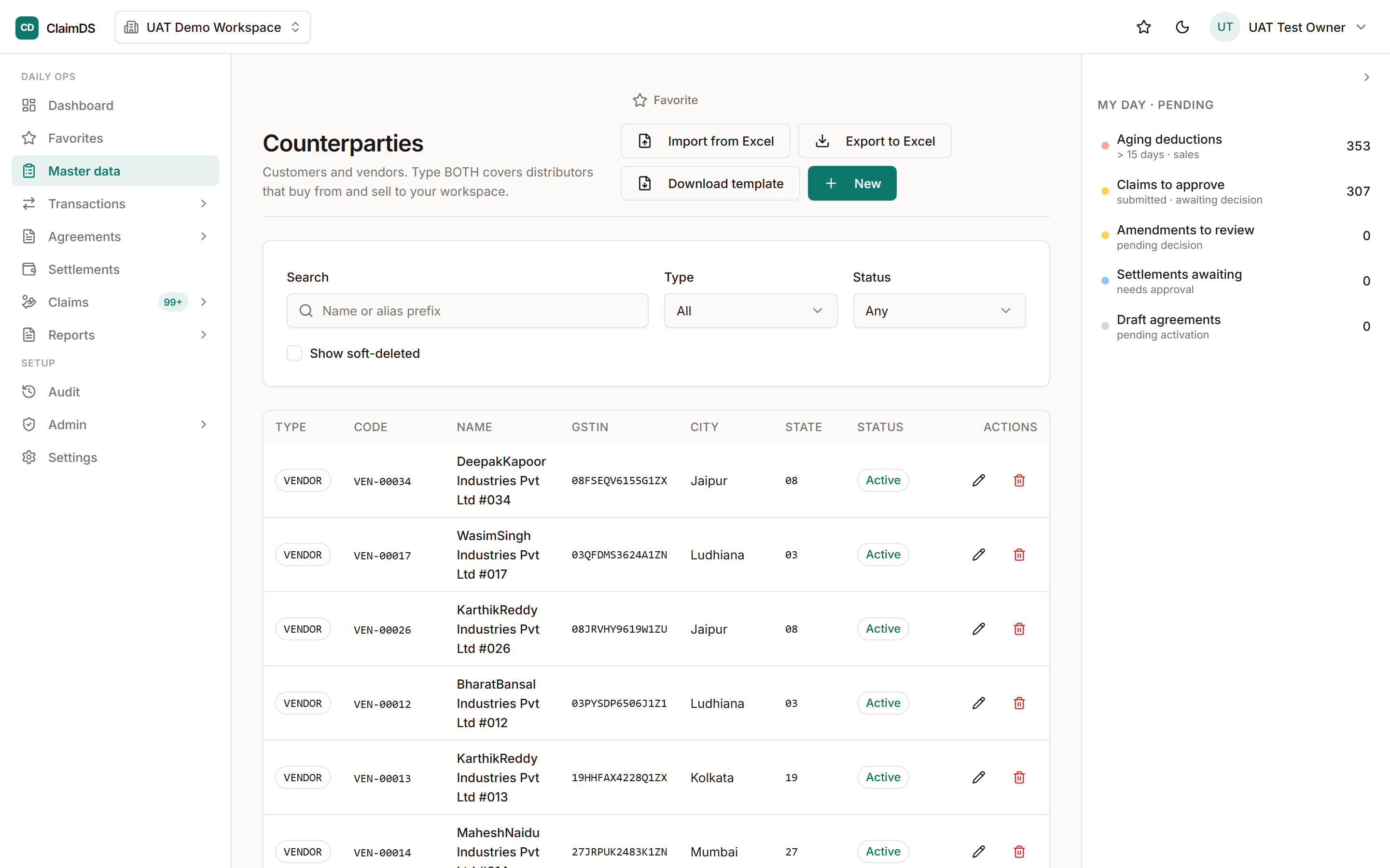 RebateLedger counterparties master list, showing partner records with their identifiers and status.