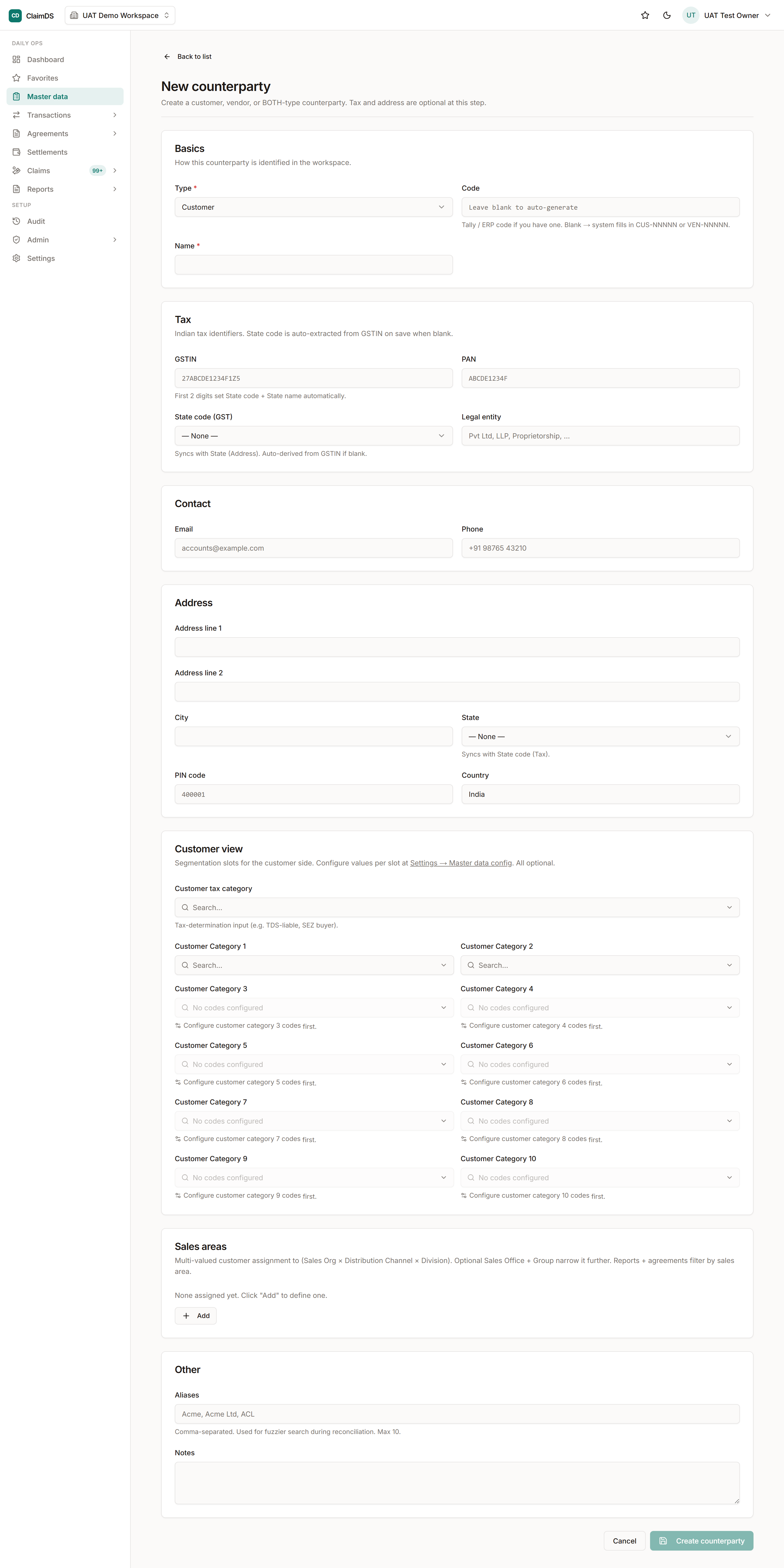 The New counterparty form in RebateLedger, with fields for name, type, GST identifiers, address and aliases.