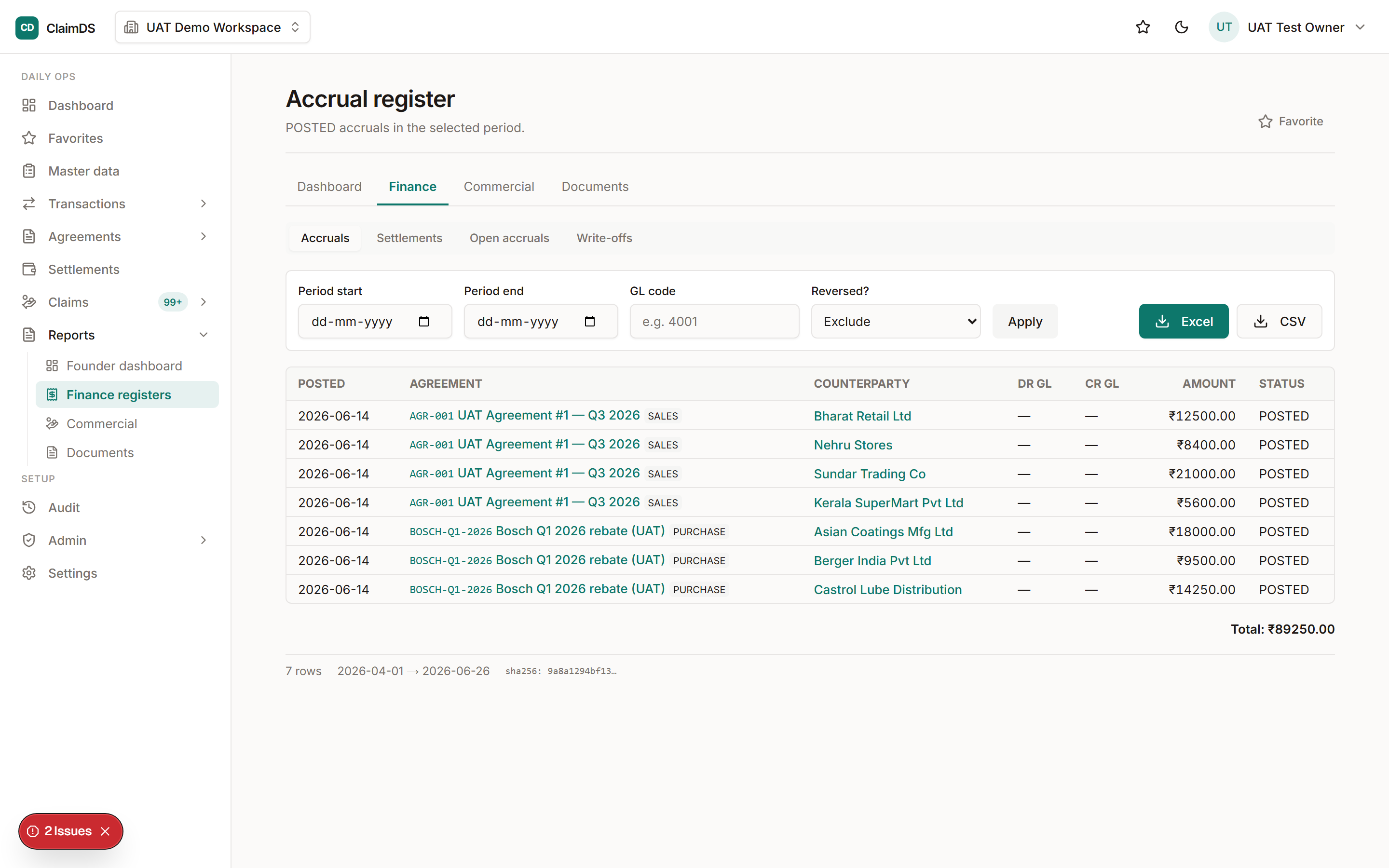 Live accrual tracking in RebateLedger finance.