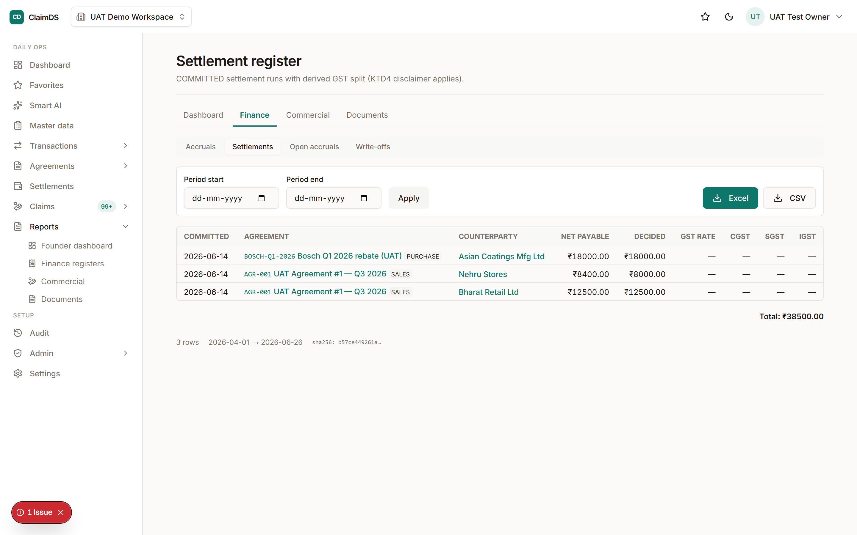 RebateLedger finance settlements view listing settlements with their linked claims, amounts and settlement status.
