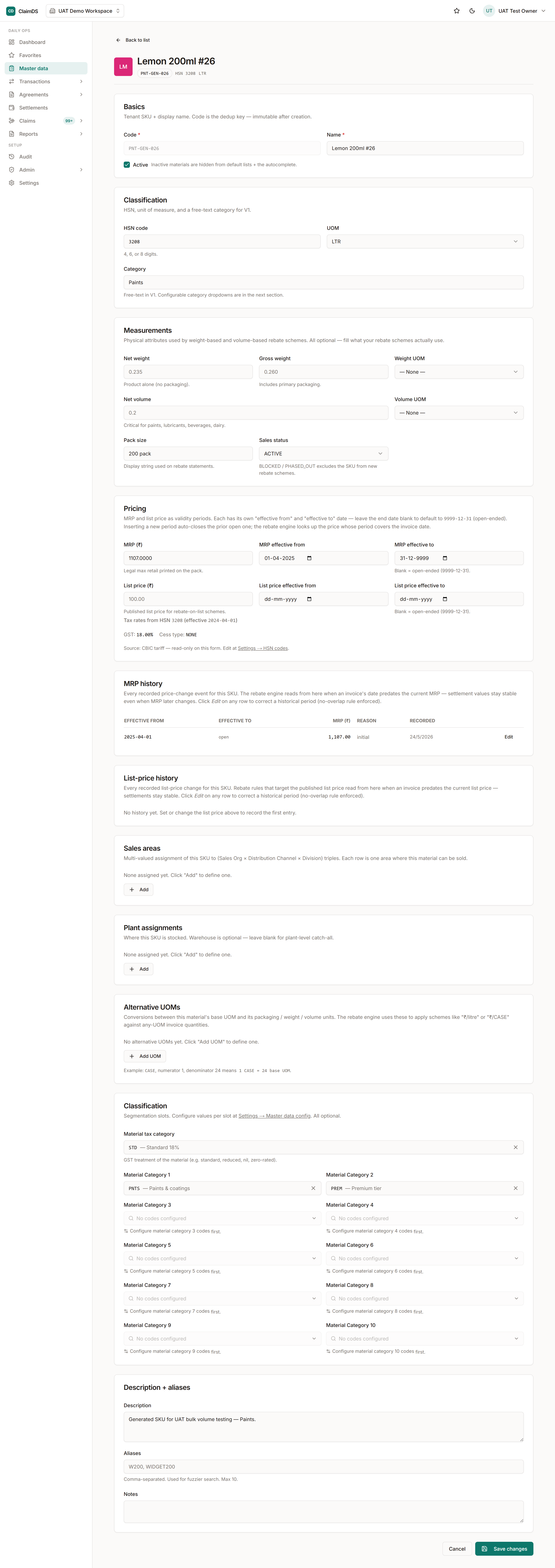 Editing a material in RebateLedger — most fields are editable, while the code is fixed once set.