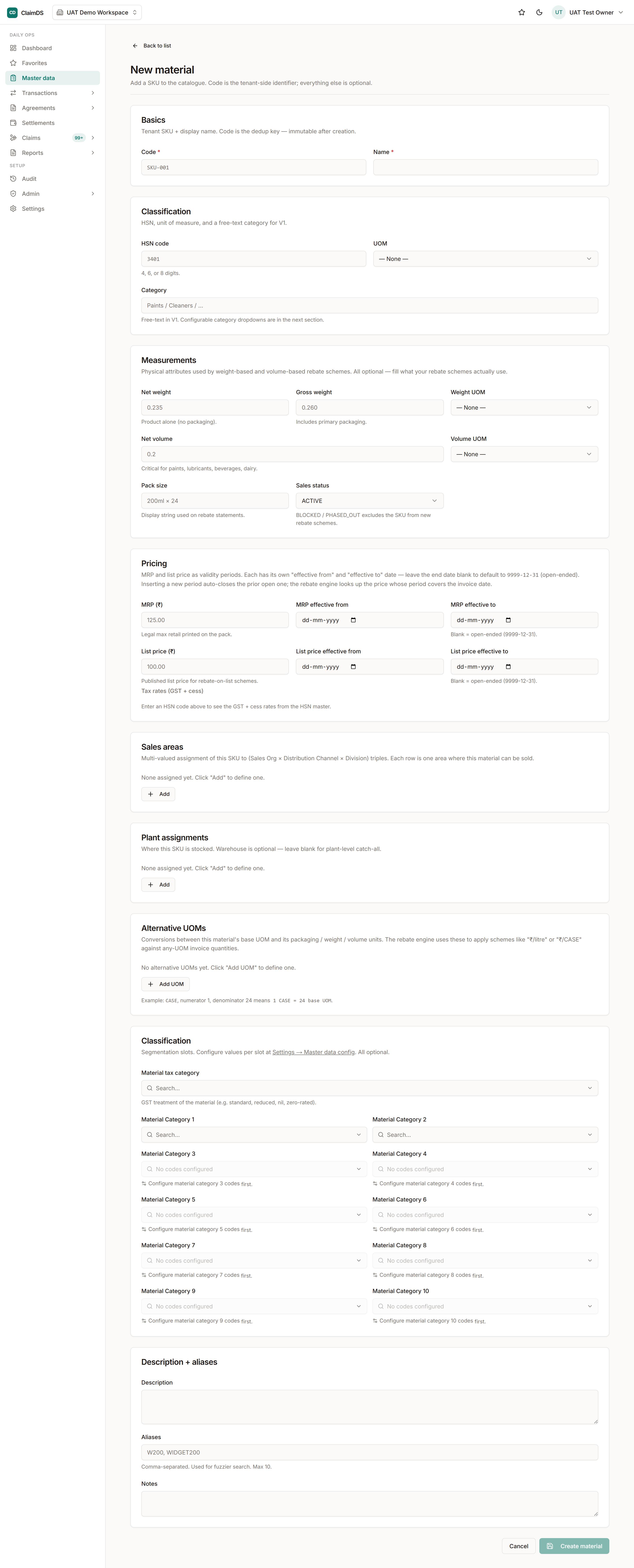 The New material form in RebateLedger, with sections for basics, classification, measurements and pricing.