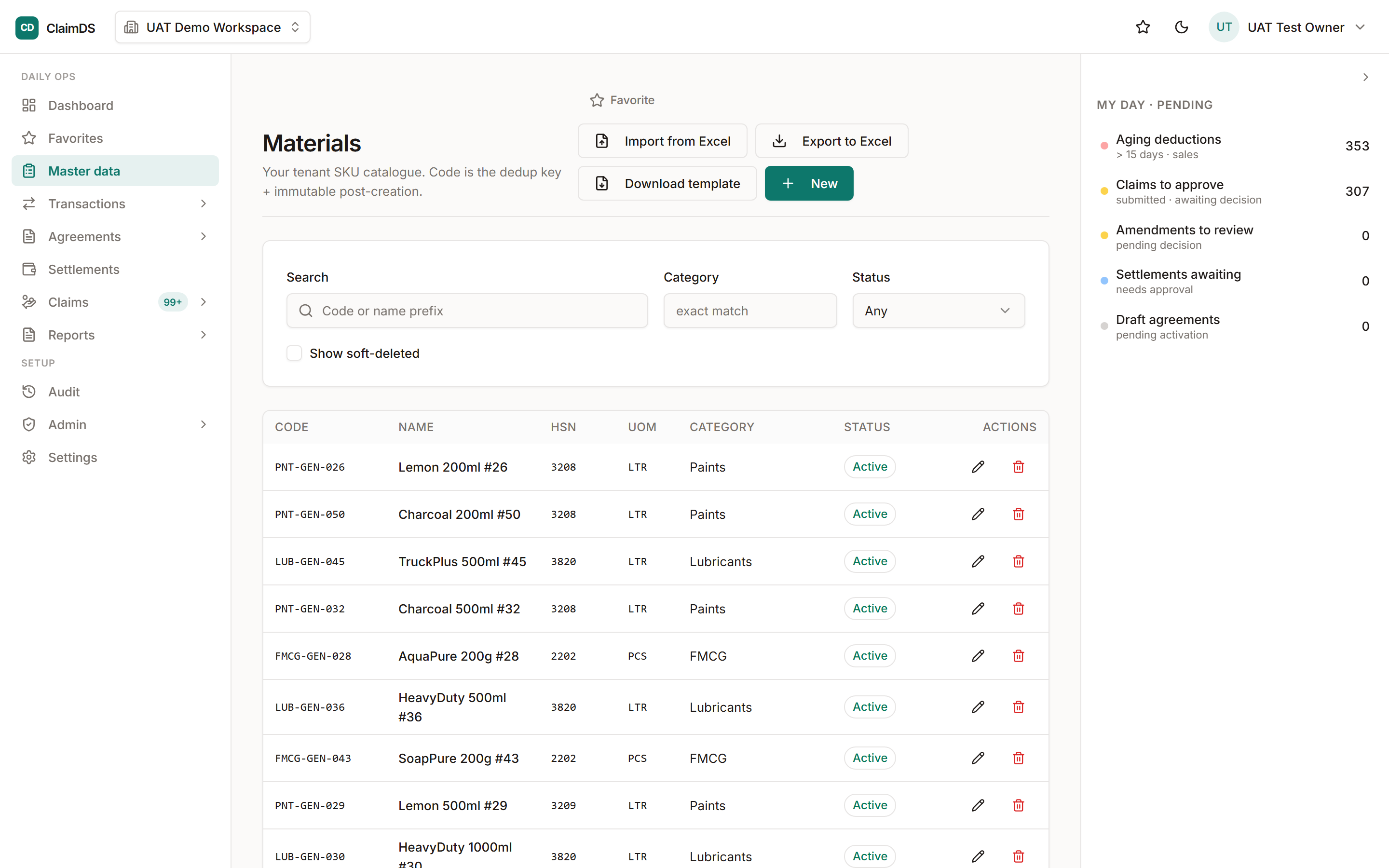 A master-data list in RebateLedger showing the Import from Excel action.