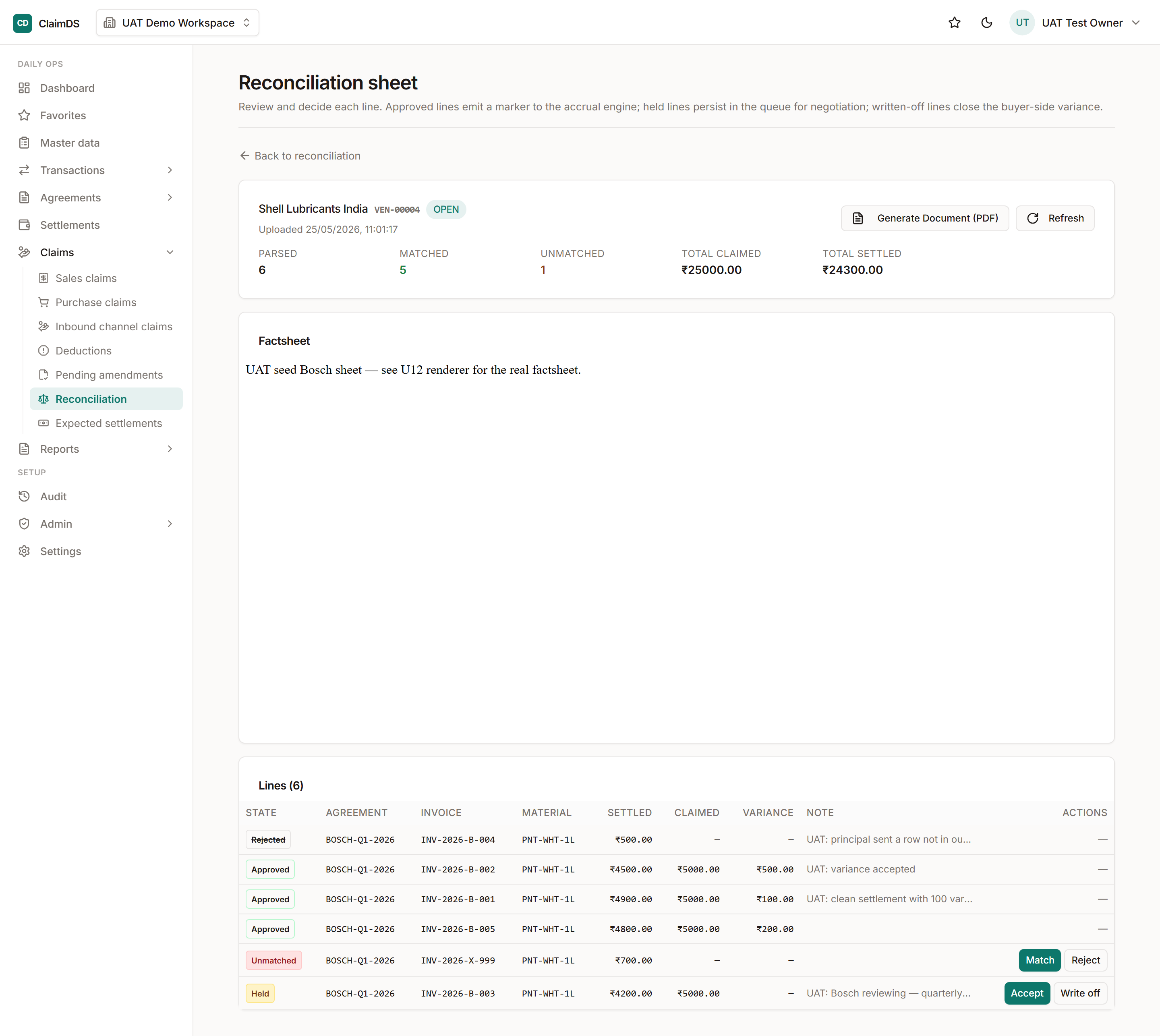 RebateLedger reconciliation sheet matching partner claim lines against invoice-level base data, with matched, unmatched and exception lines separated.