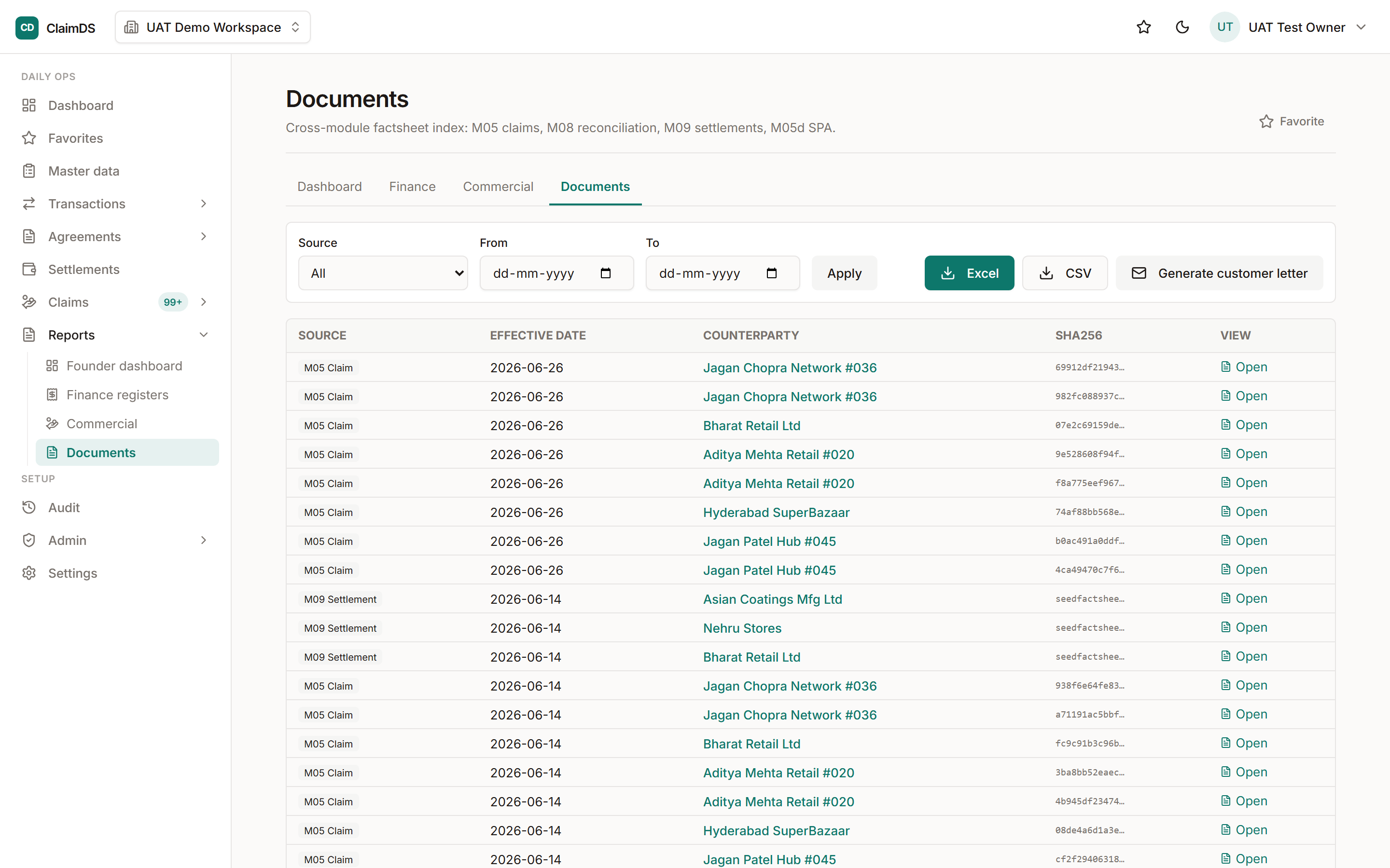 The generated documents index in RebateLedger.