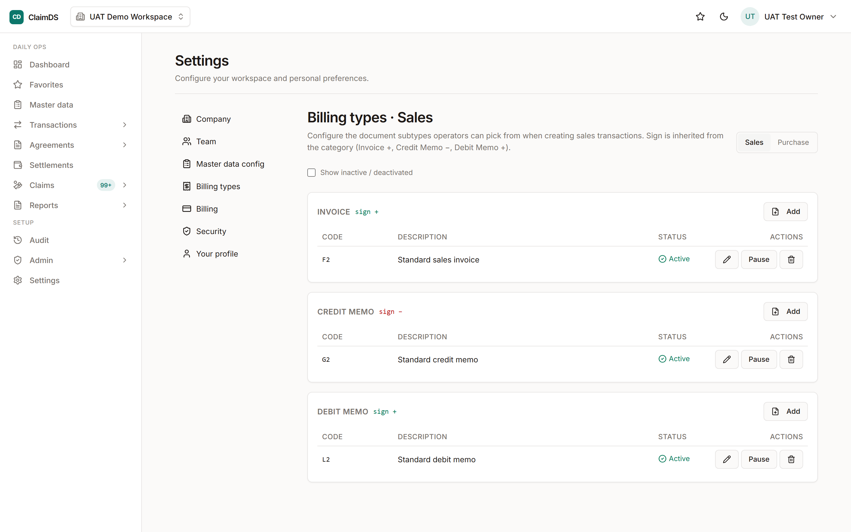 The billing types settings in RebateLedger.