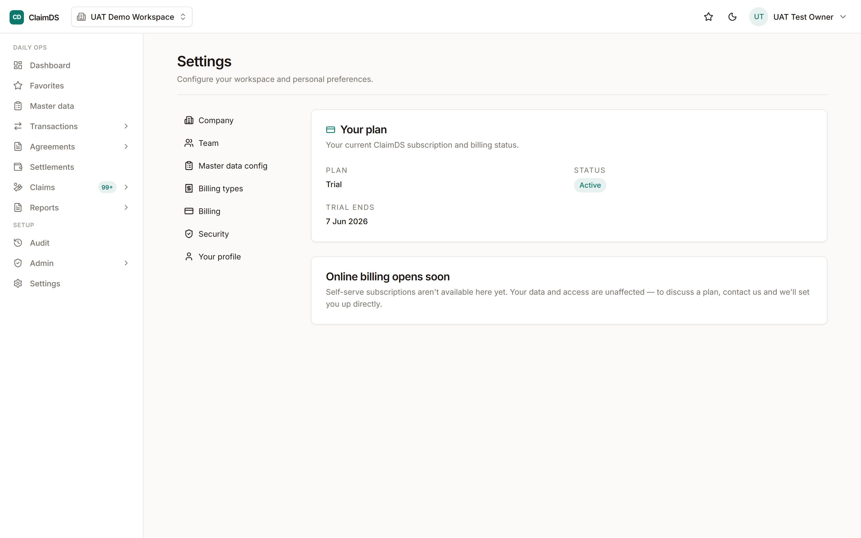 The billing and plan settings in RebateLedger.