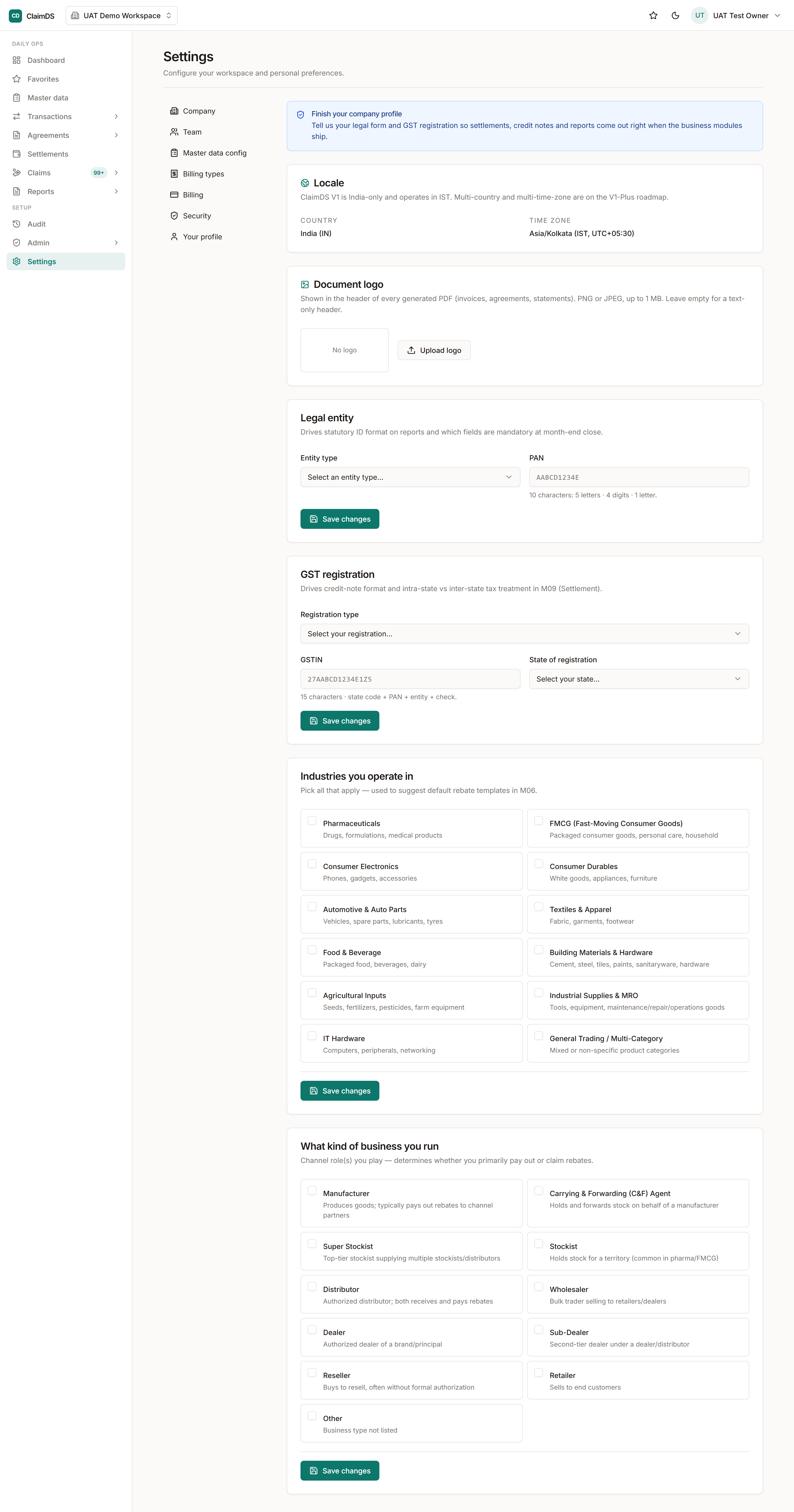 The company profile settings in RebateLedger.