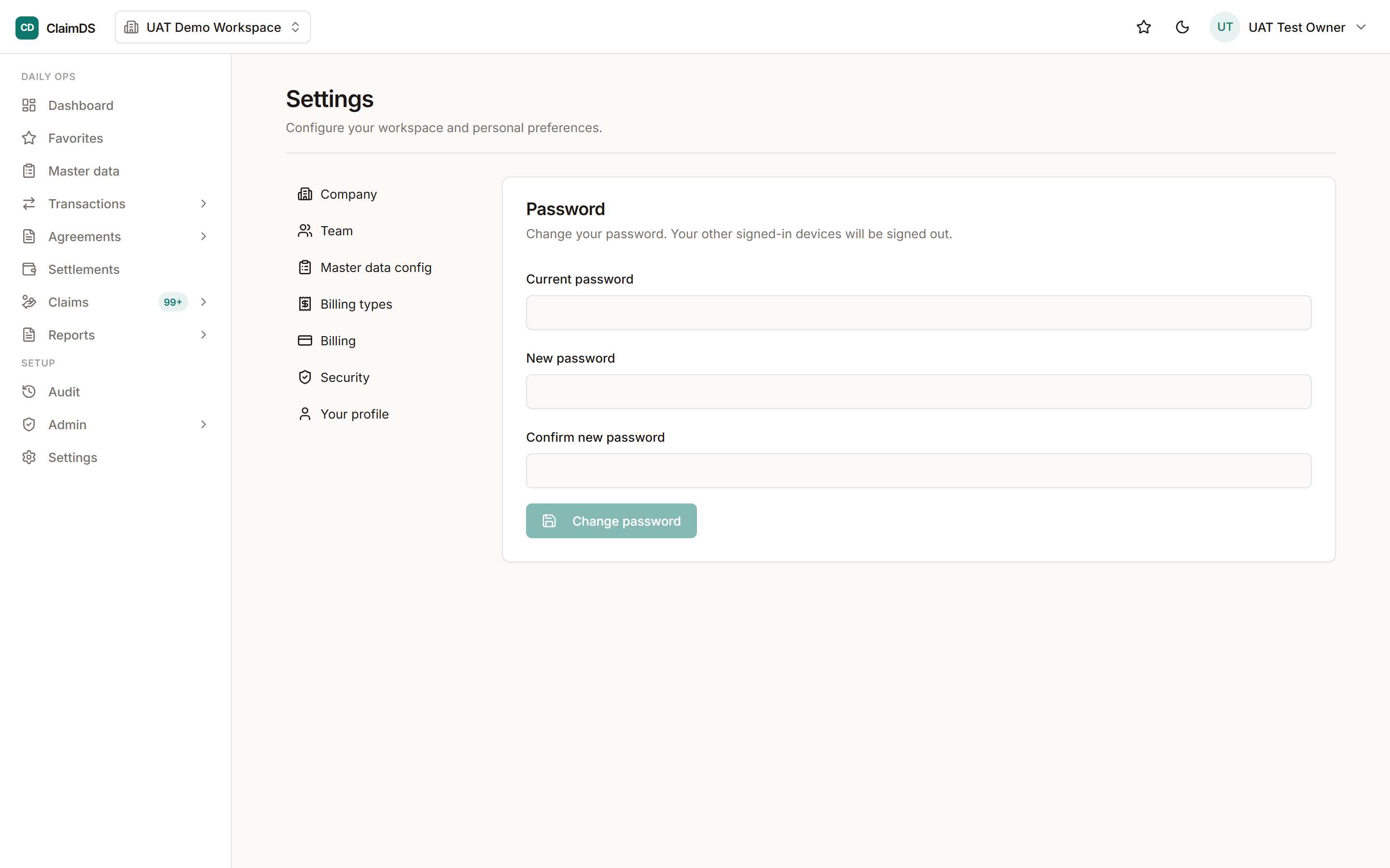 The security settings in RebateLedger.