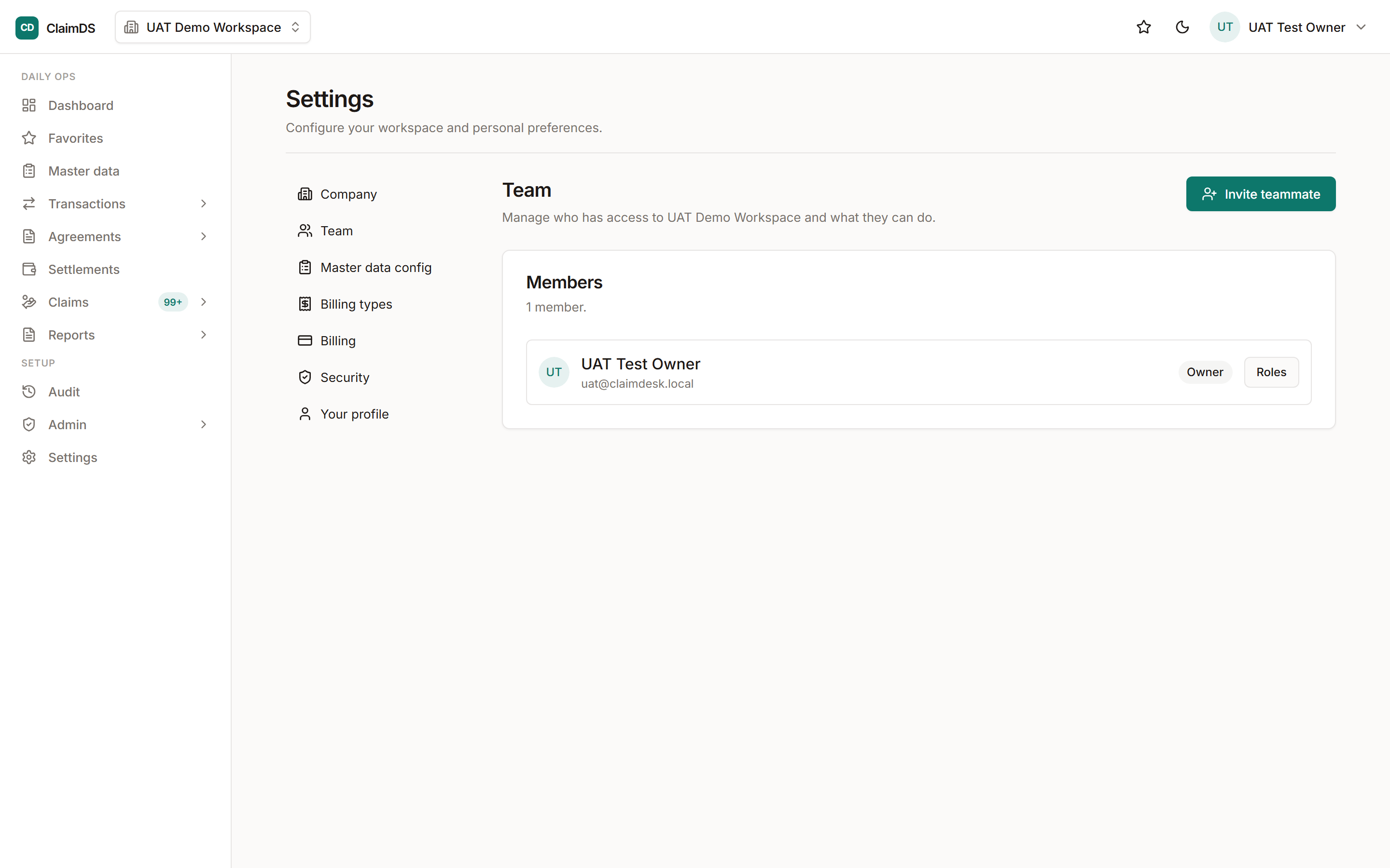 The team and roles settings in RebateLedger.