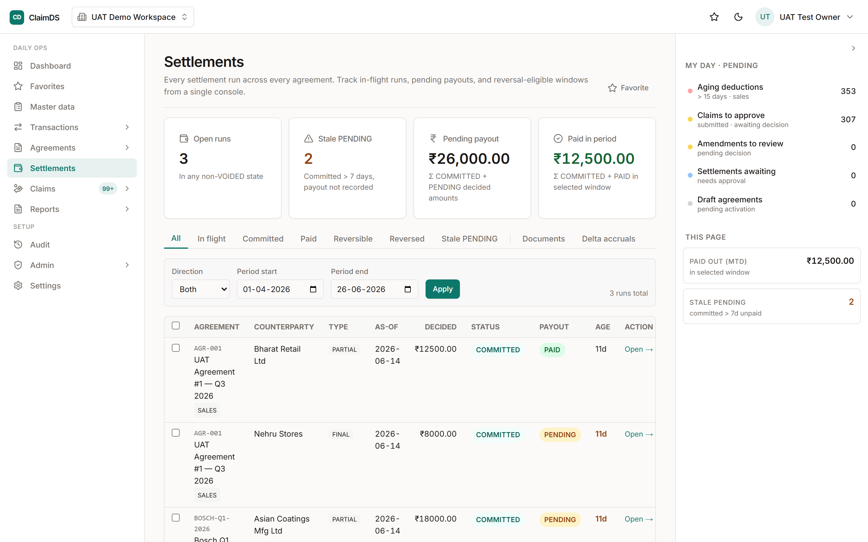 Settlements in RebateLedger.