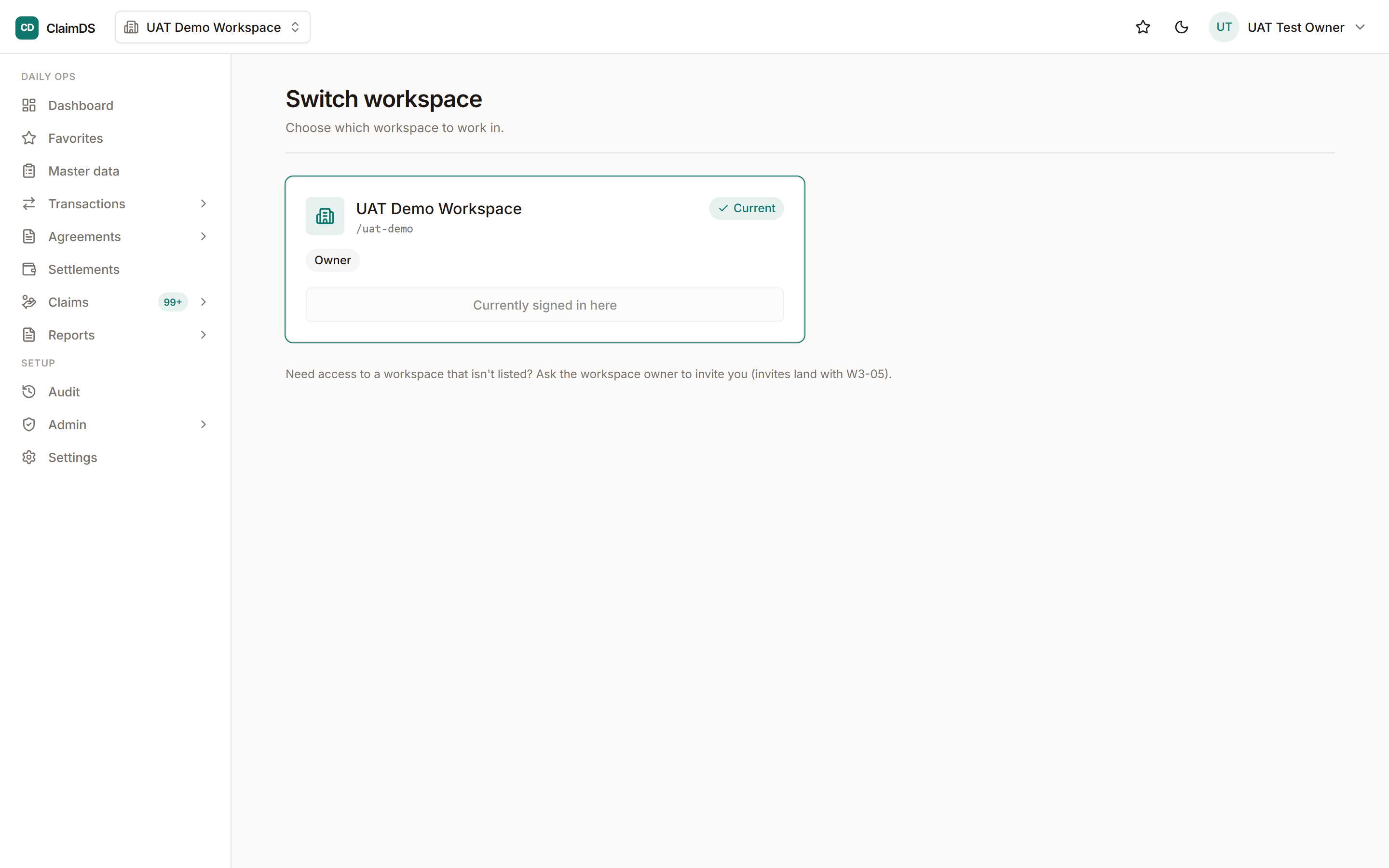 The switch-workspace screen in RebateLedger.