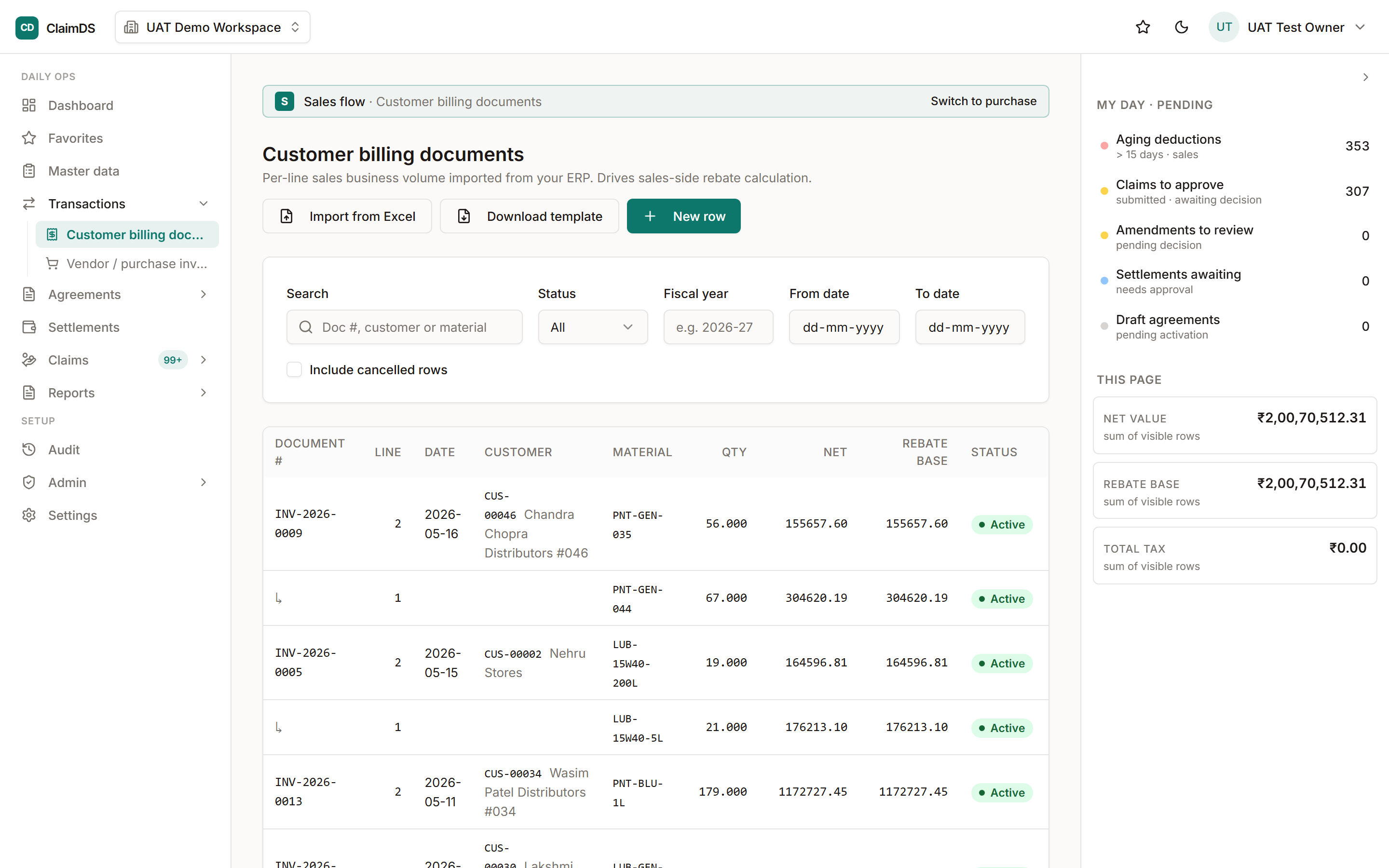 The business-volume documents list in RebateLedger.