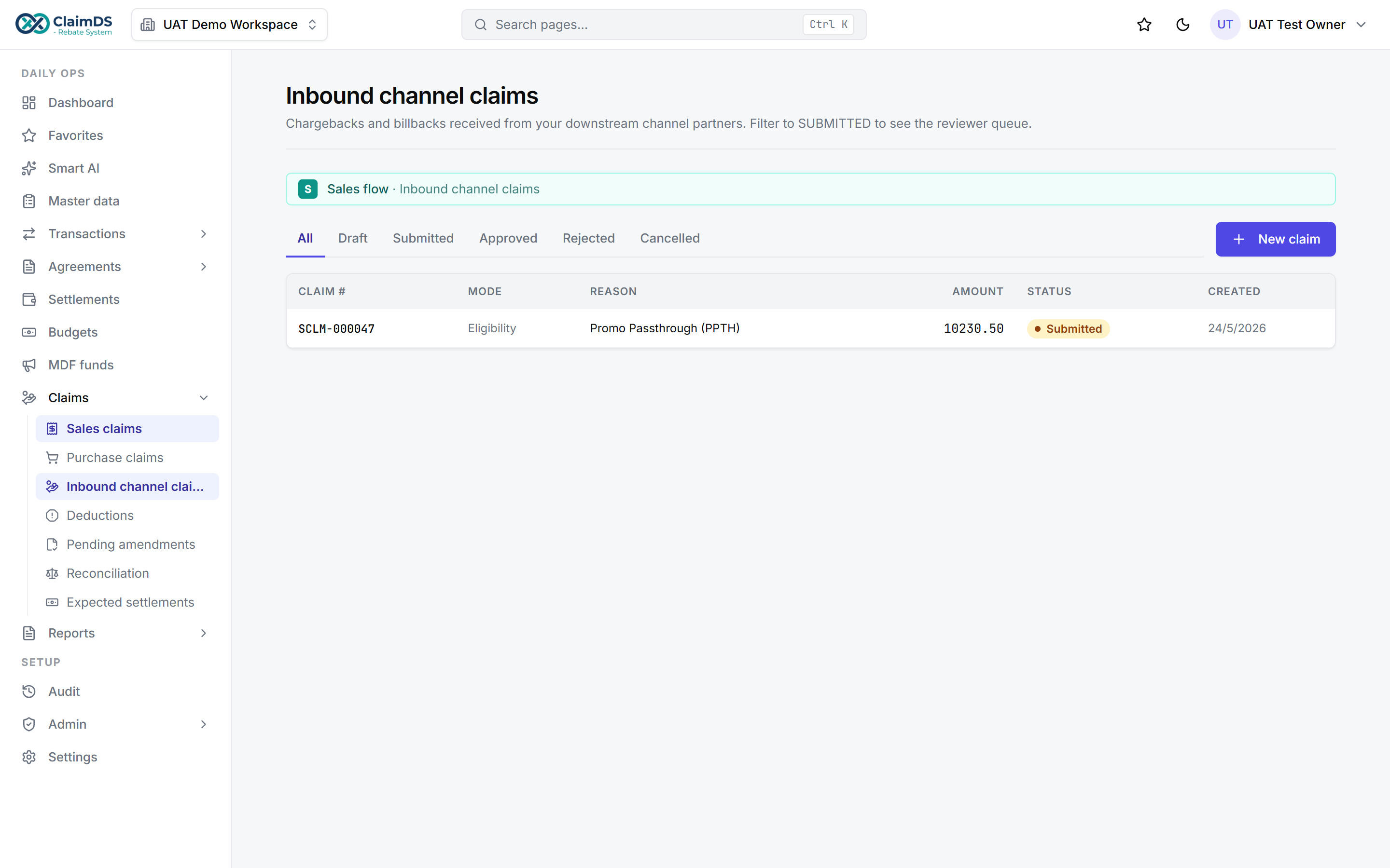 Inbound channel claims in RebateLedger — chargebacks and billbacks captured and validated against agreements before settlement.